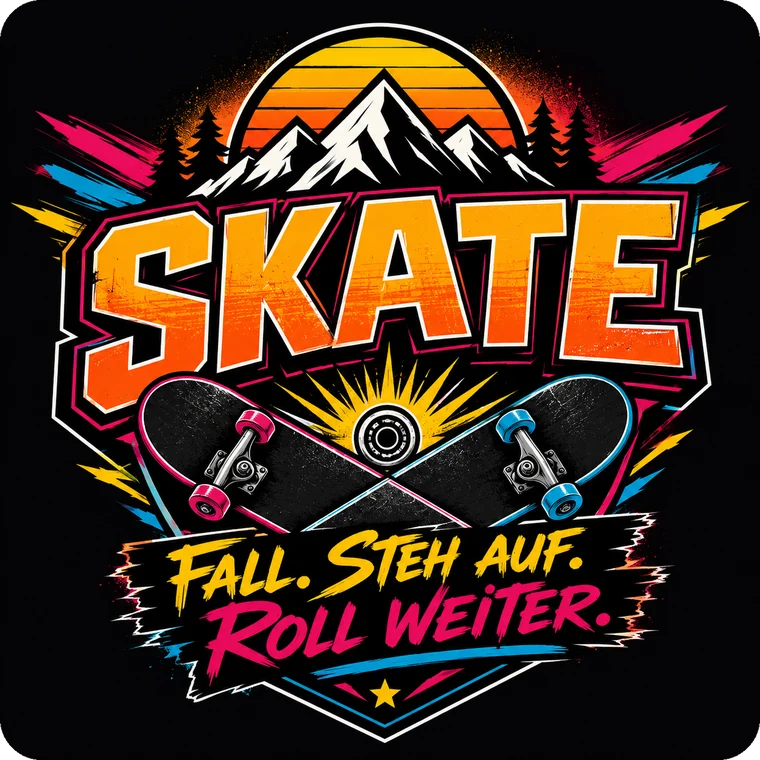 Skate Bad Herrenalb Logo: Berge, gekreuzte Skateboards, Schriftzug Fall. Steh auf. Roll weiter.